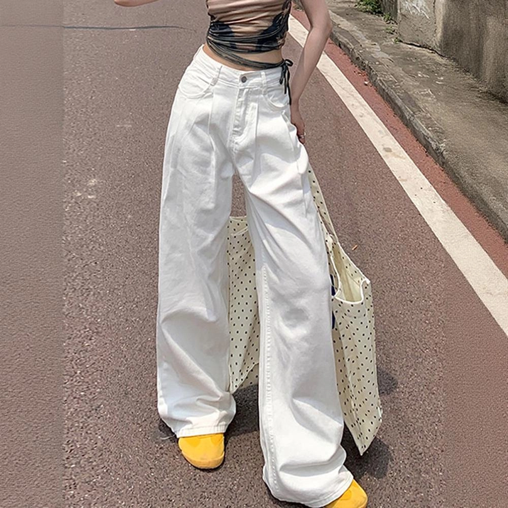 欧迪芬 美式高街白色牛仔裤女士秋夏季小个子窄版直筒宽松舒适显瘦宽腿遮肉拉长腿拖地薄款阔腿裤高腰收腹通勤休闲垂感百搭休闲裤 女款