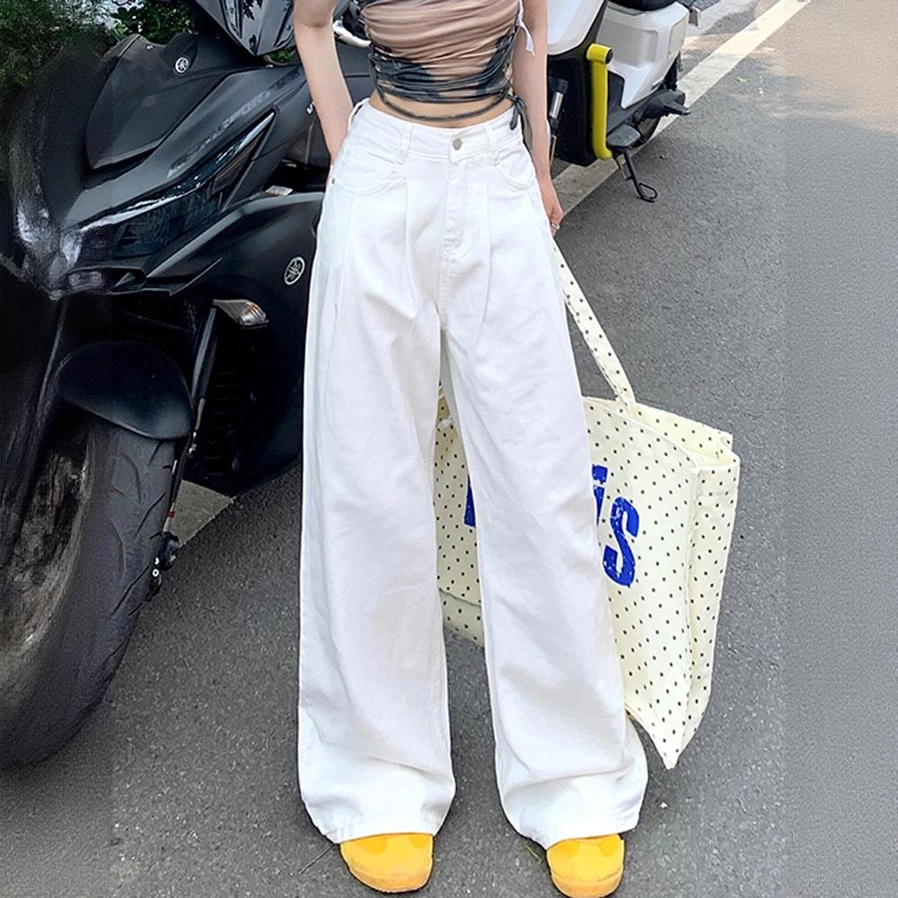 欧迪芬 美式高街白色牛仔裤女士秋夏季小个子窄版直筒宽松舒适显瘦宽腿遮肉拉长腿拖地薄款阔腿裤高腰收腹通勤休闲垂感百搭休闲裤 女款