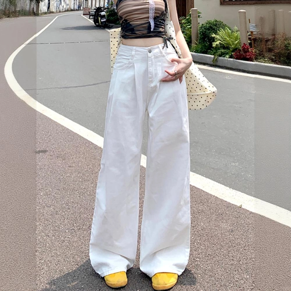 欧迪芬 美式高街白色牛仔裤女士秋夏季小个子窄版直筒宽松舒适显瘦宽腿遮肉拉长腿拖地薄款阔腿裤高腰收腹通勤休闲垂感百搭休闲裤 女款