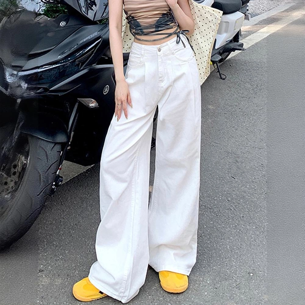 欧迪芬 美式高街白色牛仔裤女士秋夏季小个子窄版直筒宽松舒适显瘦宽腿遮肉拉长腿拖地薄款阔腿裤高腰收腹通勤休闲垂感百搭休闲裤 女款