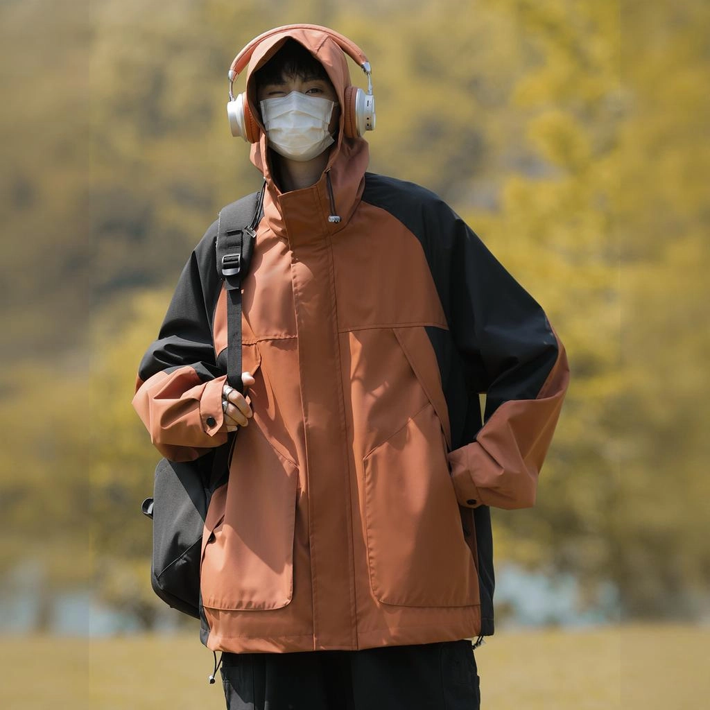 邦固依品 日系复古工装男秋季潮牌户外机能痞帅宽松拼接撞色连帽冲锋衣夹克 男款