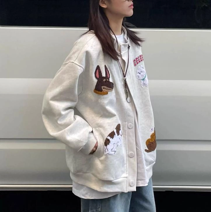 轻迎 美式复古小狗刺绣卫衣百搭休闲宽松开衫外套棒球服 女款
