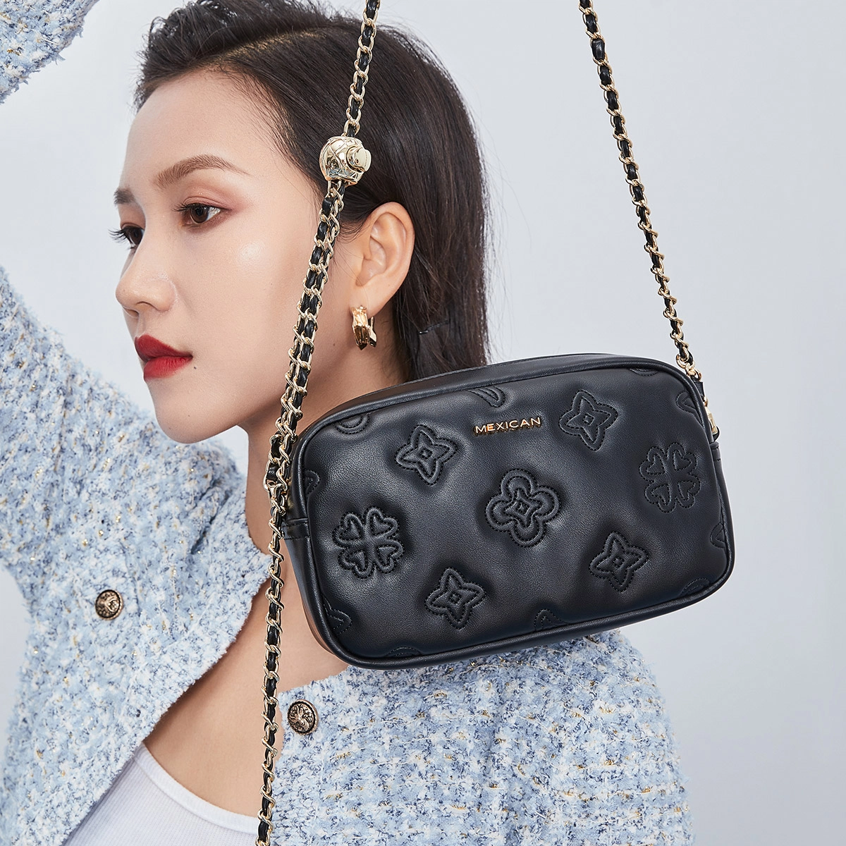 稻草人 时尚百搭四季款 聚氨酯 小方包手提单肩斜挎包 女款 黑色/米白