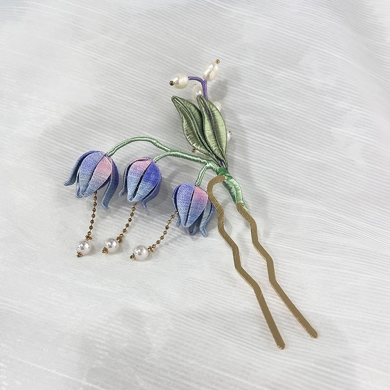 沂茹 古风珠子铃兰缠花发钗古典手工发梳发钗头饰合金绒线人造珠淡水珍珠 配件发饰发簪 女款