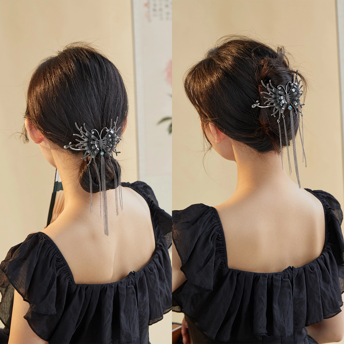 沂茹 时尚森系精致小众设计感枪黑色蝴蝶流苏后脑勺盘发扭夹顶夹温柔甜美个性日常通勤百搭优雅气质#好运 合金 发夹 女款