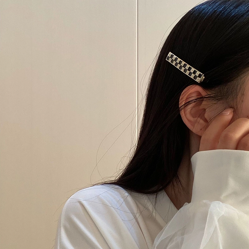 沂茹 简约高级棋盘格爱心格子边夹水钻气质侧边刘海夹子后脑勺发卡鸭嘴一字夹合金 配件发饰发夹 女款