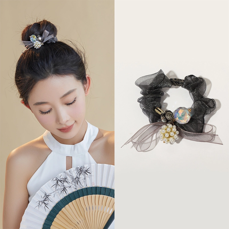 沂茹 时尚森系精致小众设计感灰色网纱珠子水钻球大肠圈日常百搭气质文艺日常通勤甜美优雅 布艺 发圈 女款
