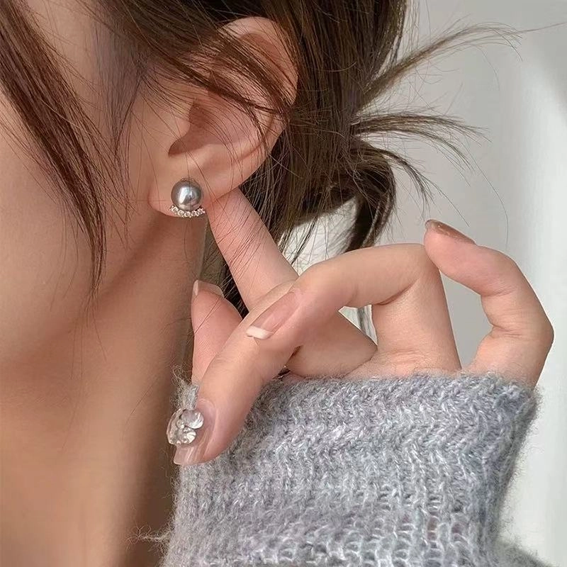 沂茹 时尚森系精致小众设计感闪钻灰色珠子优雅气质简约几何个性日常通勤百搭 合金 耳钉 女款