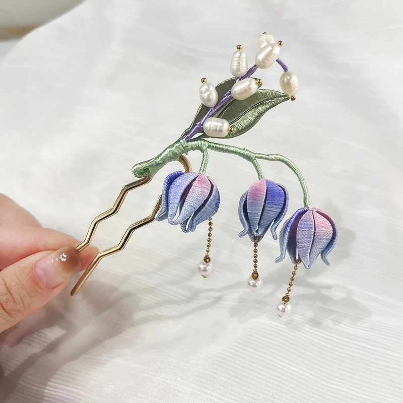 沂茹 古风珠子铃兰缠花发钗古典手工发梳发钗头饰合金绒线人造珠淡水珍珠 配件发饰发簪 女款
