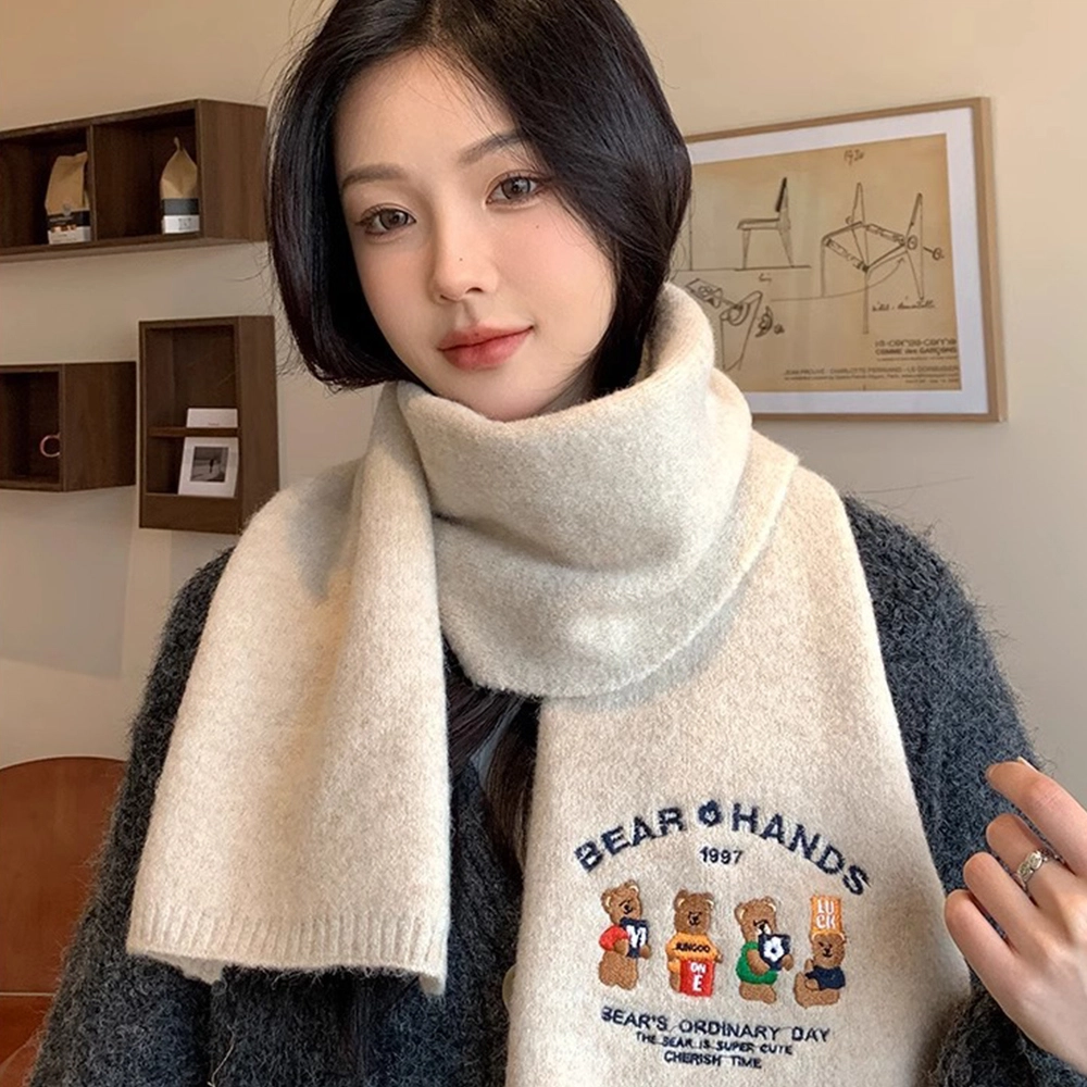 心水好物 四只小熊刺绣可爱学院风 春秋冬氛围感含羊毛针织 绒线围巾 男女同款情侣款
