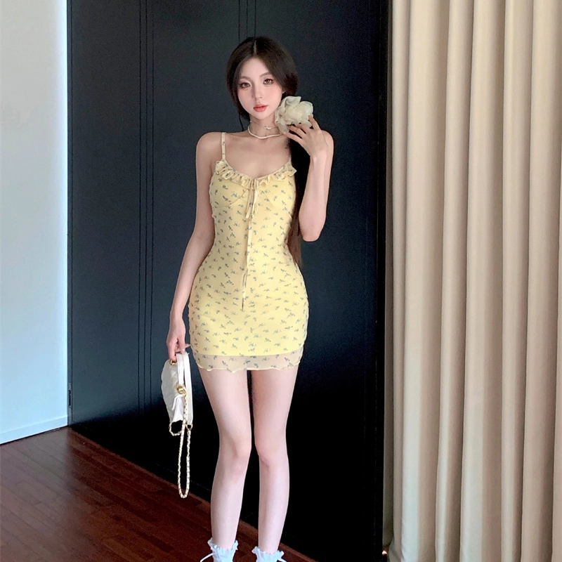 果瑱 甜美少女纯欲清新碎花木耳边系带网纱套头短款包臀裙吊带连衣裙 女款