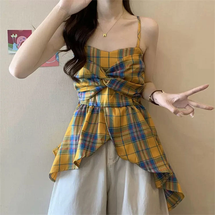 果瑱 百搭洋气不规则撞色格子可爱甜美简约日常通勤美式复古百搭时尚舒适气质优雅吊带连衣裙 女款
