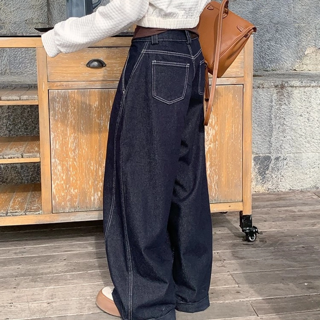果瑱 高街美式潮流个性穿搭明线小众设计宽松显瘦舒适休闲长款拖地阔腿裤女小个子梨形身材复古牛仔裤 女款