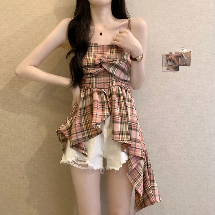果瑱 百搭洋气不规则撞色格子可爱甜美简约日常通勤美式复古百搭时尚舒适气质优雅吊带连衣裙 女款