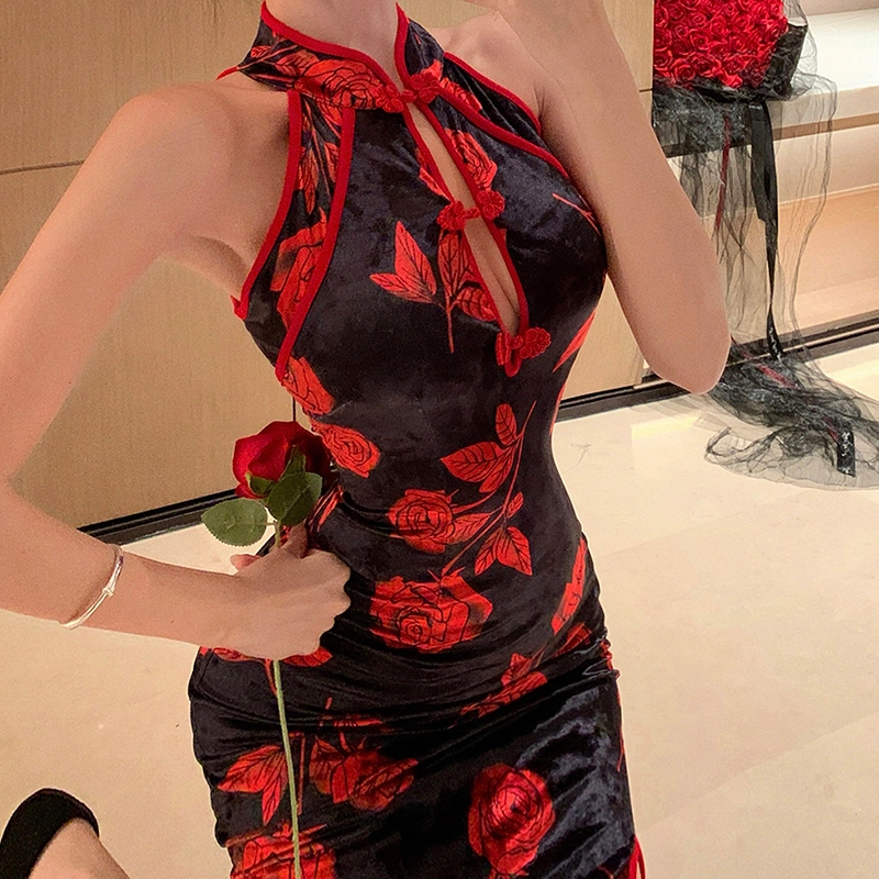 果瑱 国风新中式改良款旗袍性感辣妹复古修身显瘦气质优雅时尚舒适高腰立领不规则开叉喜庆少女年轻印花丝绒短款无袖连衣裙 女款