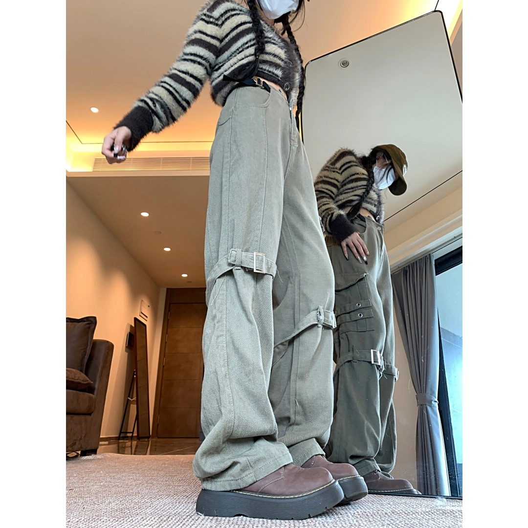 果瑱 高街美式复古辣妹潮流个性出游随性穿搭中低腰阔腿牛仔裤可调节腰头翻边直筒裤女生百搭山系户外工装裤 女款