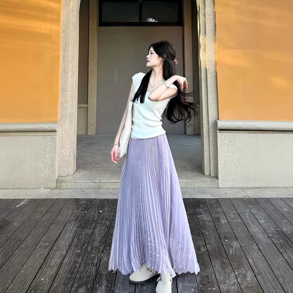 果瑱 修身短袖针织衫紫色温柔风甜美纯欲浪漫小清新初恋清纯超仙纱半身裙高腰显瘦简约大方小香风裙装套装 女款
