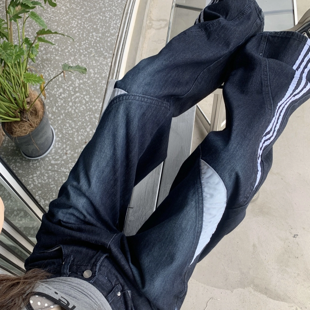 果瑱 小众美式复古怀旧运动风侧边三条杠拼接设计阔腿裤女甜酷辣妹工装裤直筒裤高腰显瘦百搭休闲个性潮流户外牛仔裤 女款