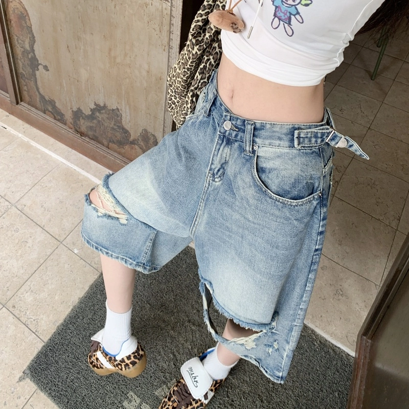 果瑱 高街美式辣妹潮流随性穿搭前后破洞做旧水洗宽松高腰直筒显瘦阔腿子夏季户外休闲牛仔裤 女款