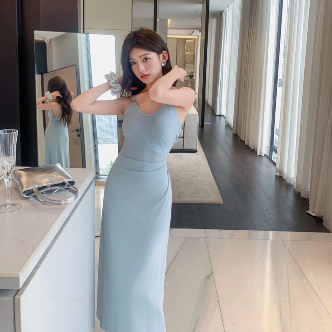 果瑱 法式复古优雅气质修身精致高端名媛时尚百搭辣妹性感漂亮舒适简约大方高腰显瘦收腰高级设计感鱼尾裙露背包臀长裙吊带连衣裙 女款