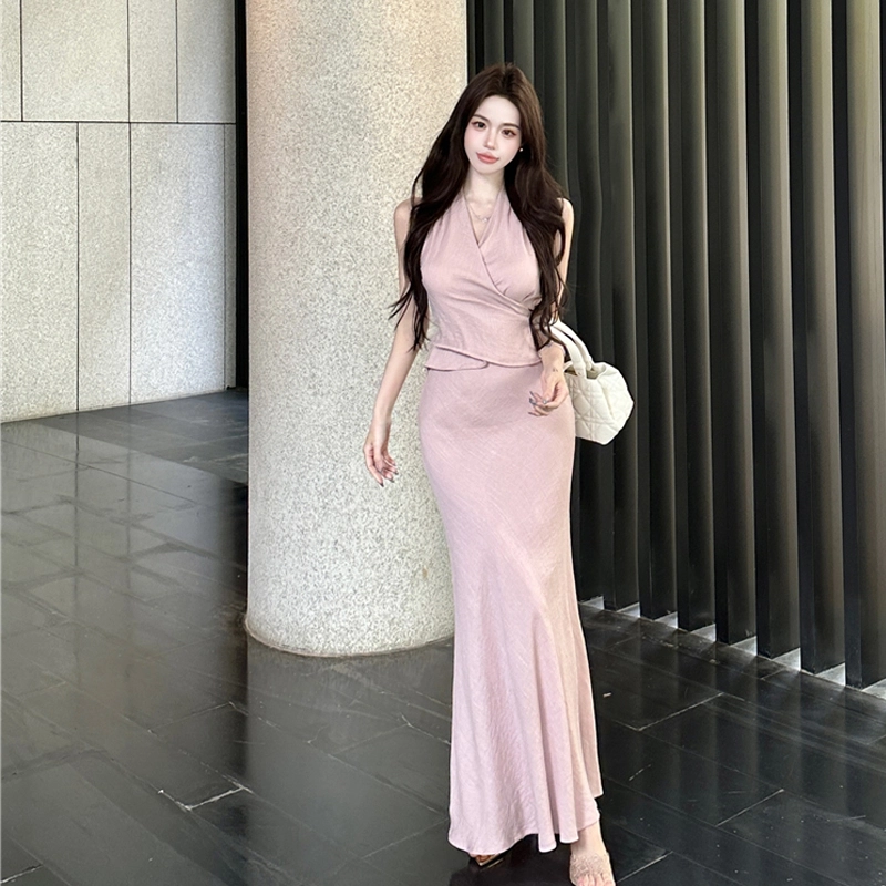 果瑱 法式复古轻奢修身显瘦千金大小姐乖乖女穿搭舒适时尚无袖上衣百搭气质裙子纯色高级感小众设计宴会约会穿搭裙装套装 女款