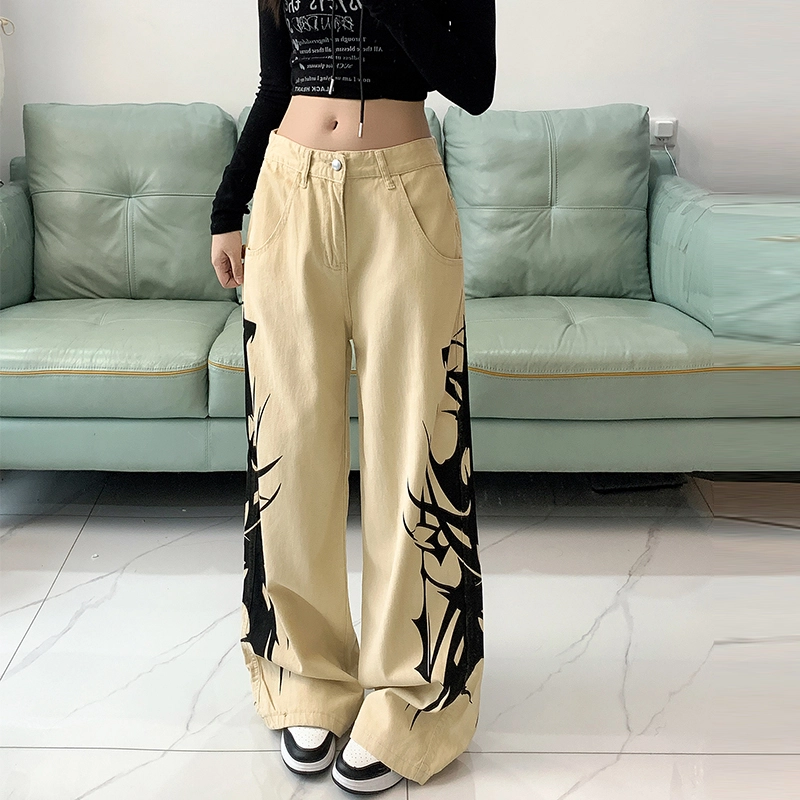 果瑱 美式哥特风小众设计浅色系穿搭荒诞艺术感虚无神秘泼墨印花高腰直筒宽松时髦阔腿长裤休闲裤 女款