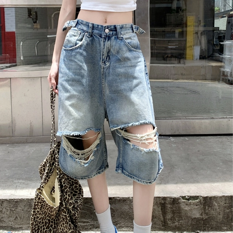 果瑱 高街美式辣妹潮流随性穿搭前后破洞做旧水洗宽松高腰直筒显瘦阔腿子夏季户外休闲牛仔裤 女款