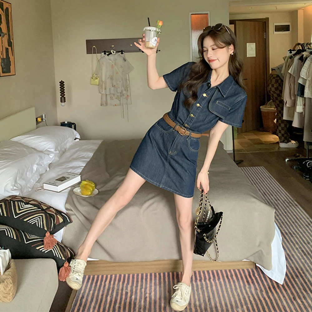 果瑱 学院风小众设计感元气少女穿搭气质舒适时尚纯色清新简约休闲显瘦百搭短袖连衣裙 女款