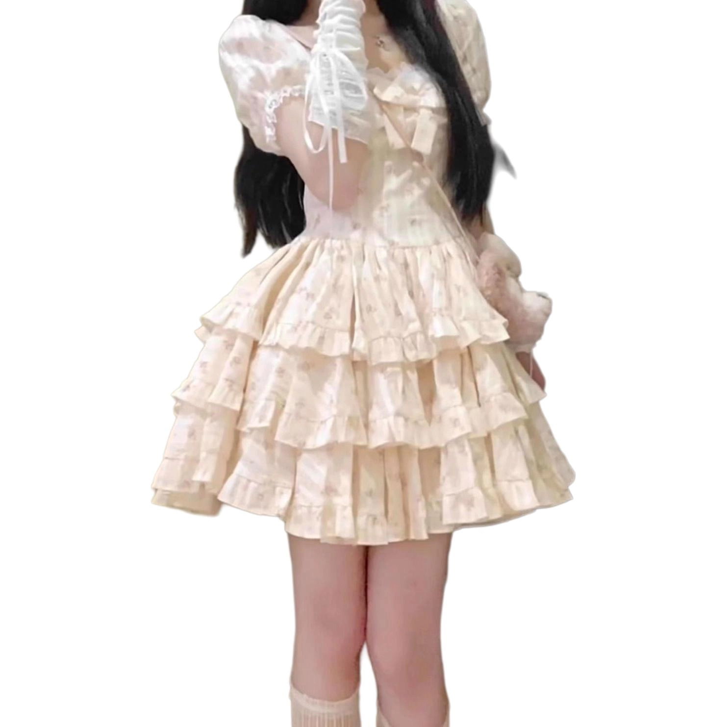 依钗 法式甜美收腰泡泡袖碎花蓬蓬短裙短袖连衣裙 女款
