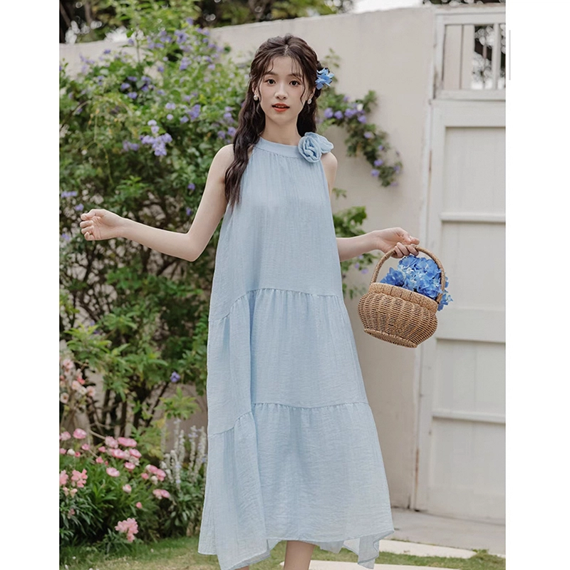 果瑱 夏装法式气质挂脖纯色高个子显瘦初恋别致长裙子海岛度假穿搭慵懒风温柔软糯舒适百搭风格无袖连衣裙 女款