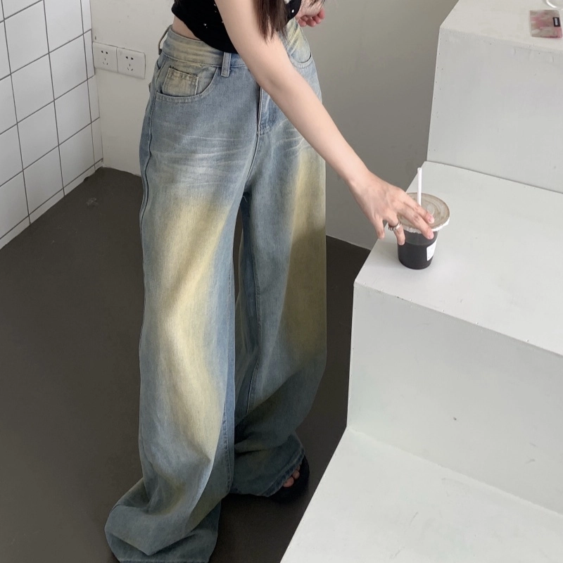 果瑱 美式复古街头慵懒风穿搭胶片感宽松高腰显瘦直筒阔腿拖地裤户外休闲出游牛仔裤 女款