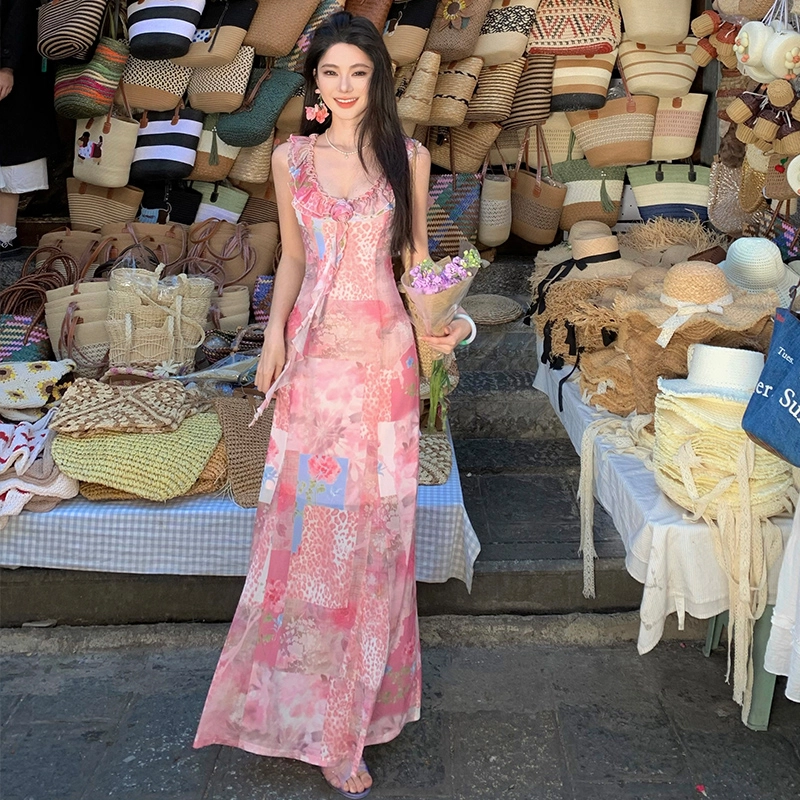 果瑱 法式少女心随性优雅甜美夏季旅游海岛度假穿搭独特画报印花荷叶边修身显瘦减龄显高碎花长裙吊带连衣裙 女款
