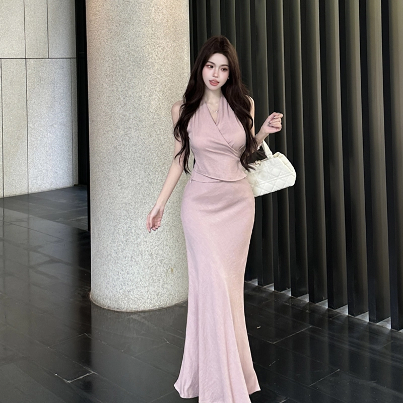 果瑱 法式复古轻奢修身显瘦千金大小姐乖乖女穿搭舒适时尚无袖上衣百搭气质裙子纯色高级感小众设计宴会约会穿搭裙装套装 女款