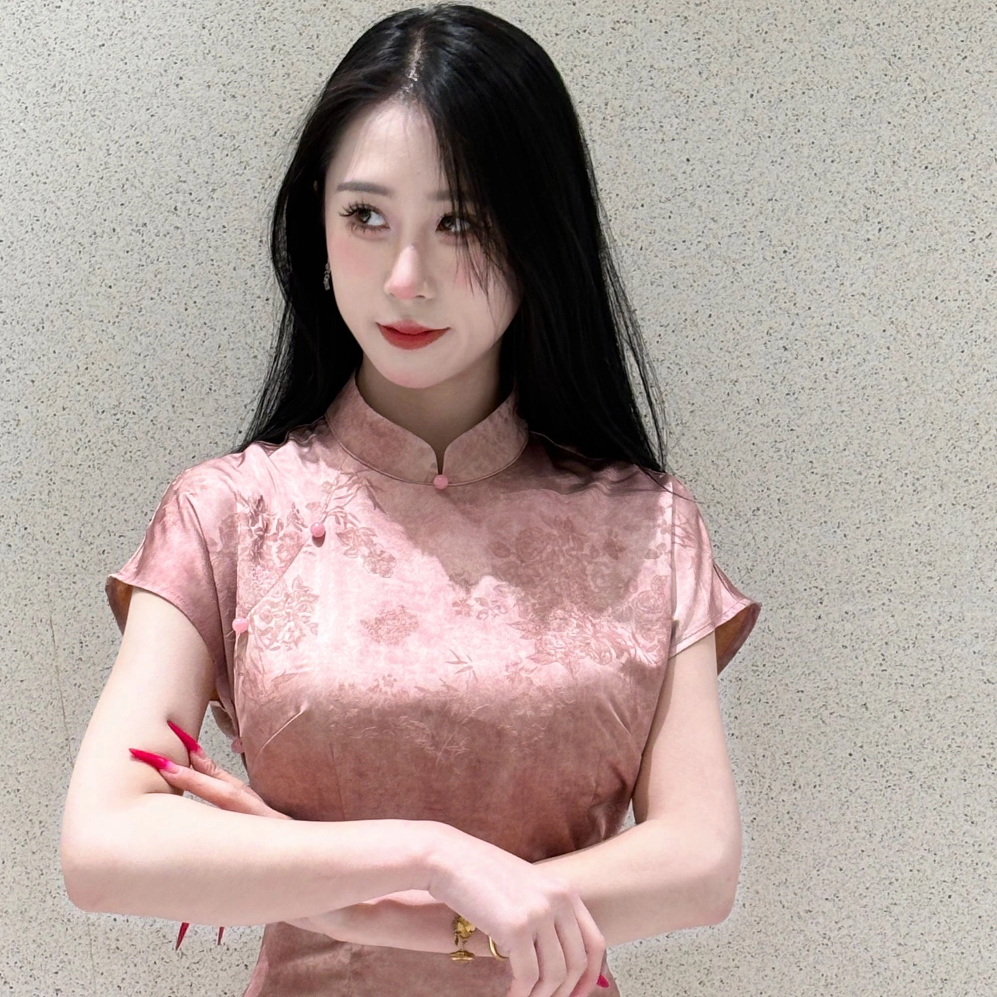 果瑱 新中式国风长裙收腰显瘦高级感立领提花缎面改良旗袍甜美少女穿搭极简主义短袖连衣裙 女款