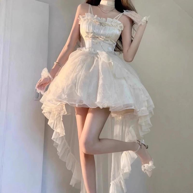 果瑱 法式高级感性感辣妹穿搭洛丽塔绝美蝴蝶结细闪网纱拖尾气质优雅浪漫梦幻高贵精致温柔甜美蓬蓬裙公主感礼服吊带连衣裙萝莉装 女款