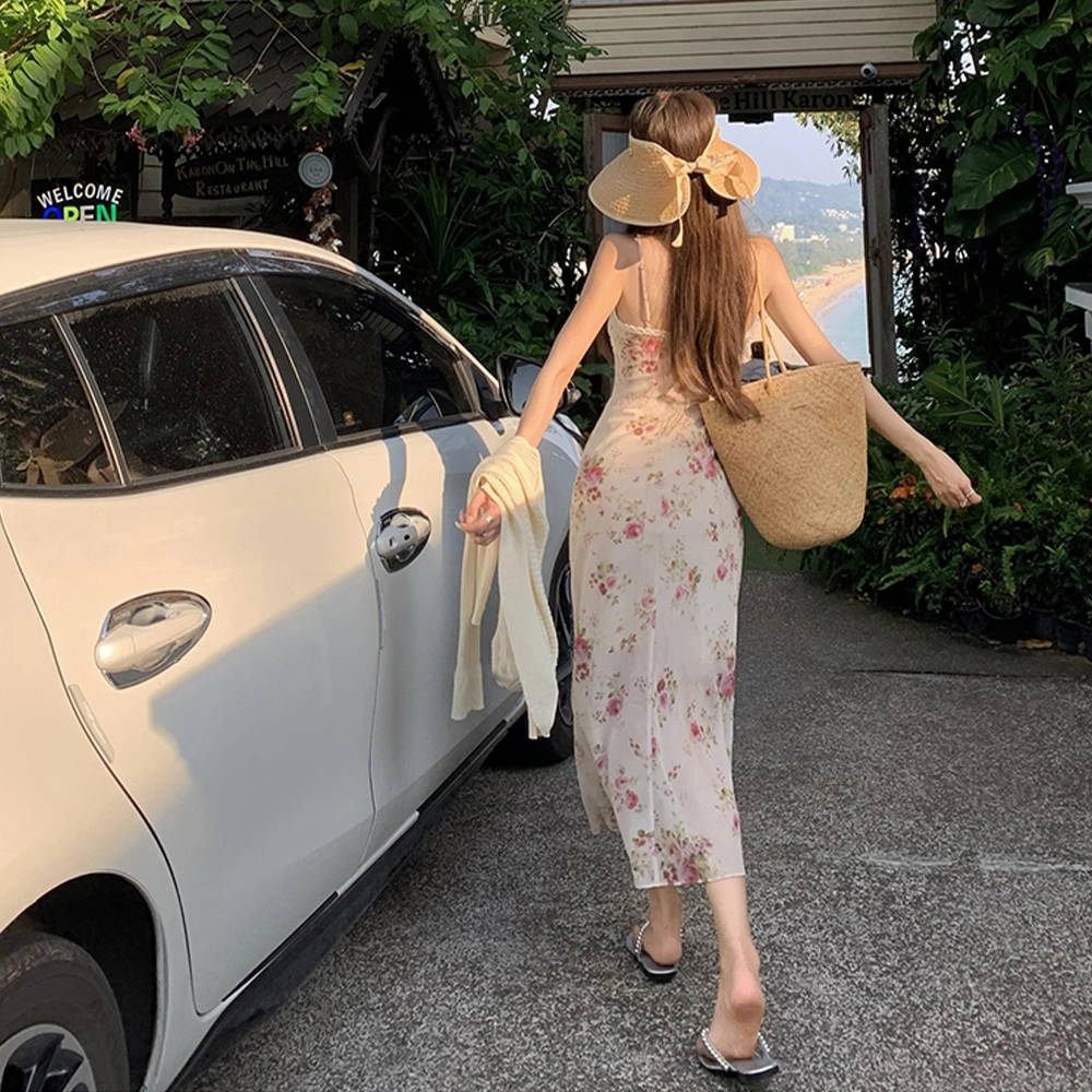 果瑱 千金高级感甜美小个子穿搭碎花拼接长裙旅游度假可爱修身吊带连衣裙 女款