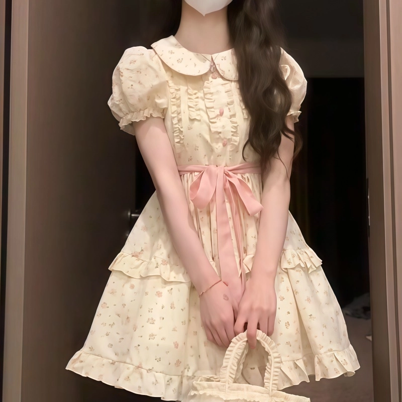 果瑱 温柔甜美高级设计感乖乖女穿搭法式复古氛围感日常通勤小个子碎花花色气质百搭时尚休闲短袖连衣裙 女款