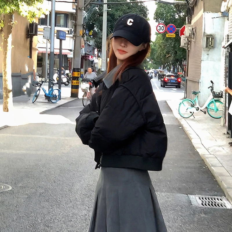 果瑱 短款韩版拼接小个子面包服冬季加厚外套棉服 男女同款 黑色