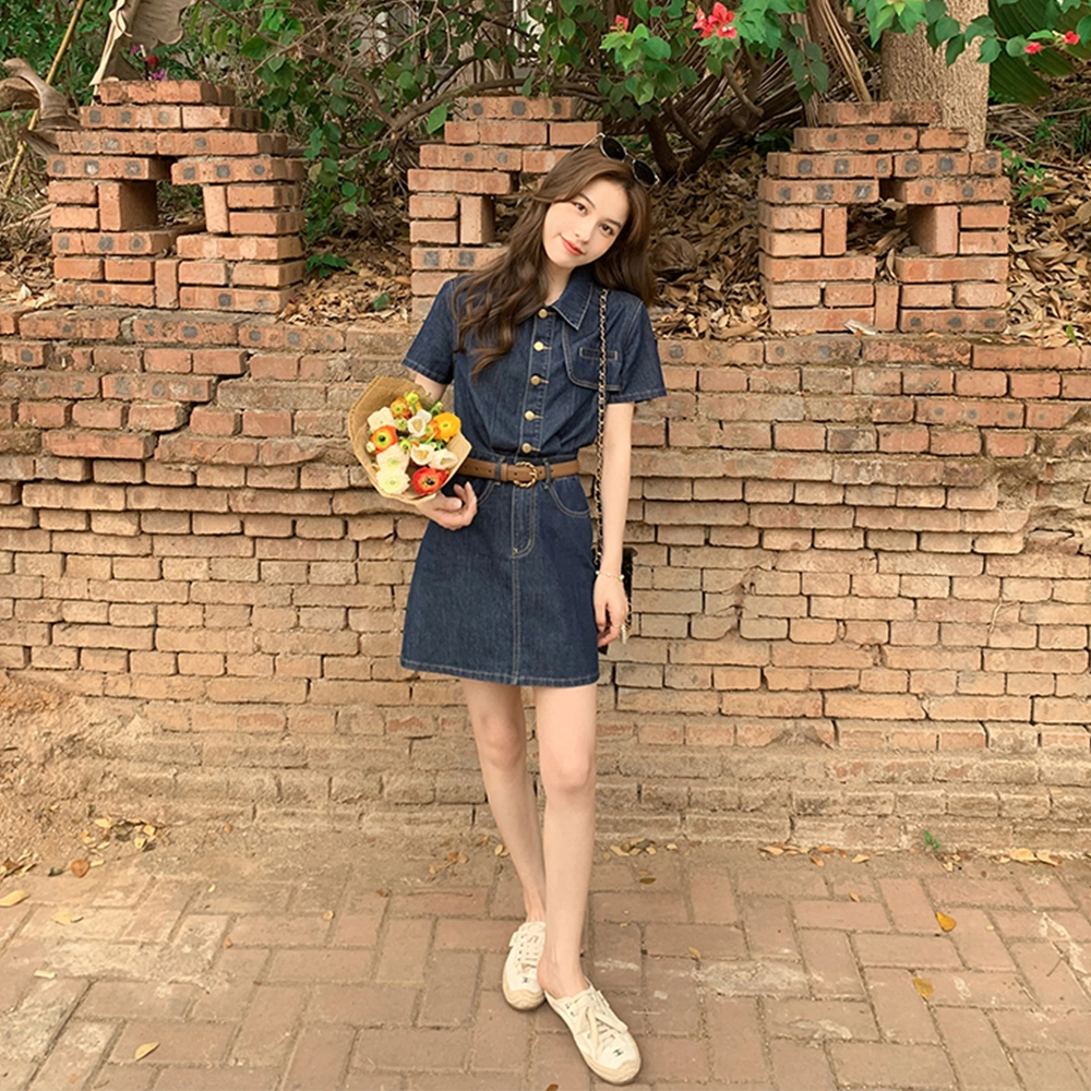 果瑱 学院风小众设计感元气少女穿搭气质舒适时尚纯色清新简约休闲显瘦百搭短袖连衣裙 女款