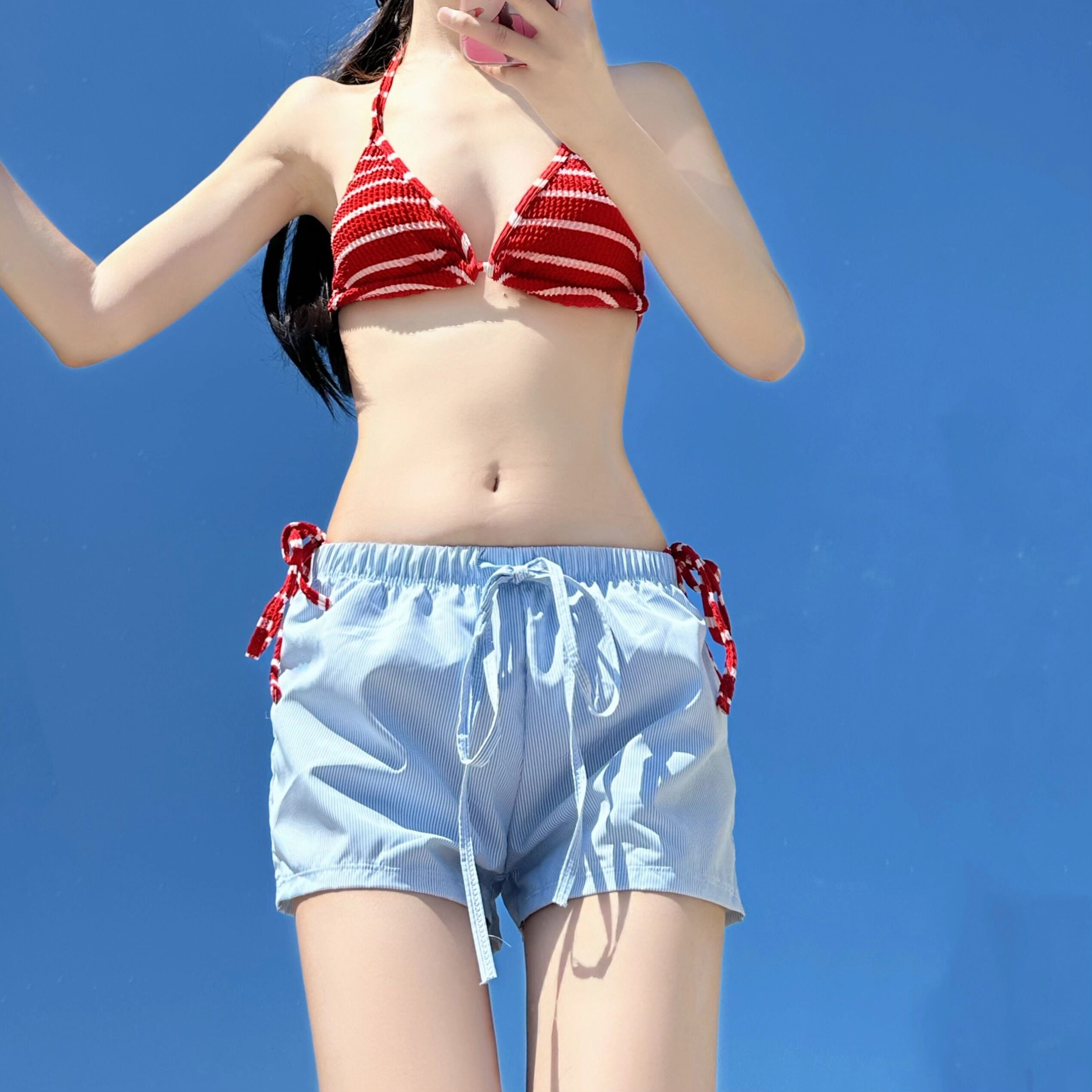 果瑱 纯欲辣妹风复古条纹比基尼三件套泳衣套装 女款