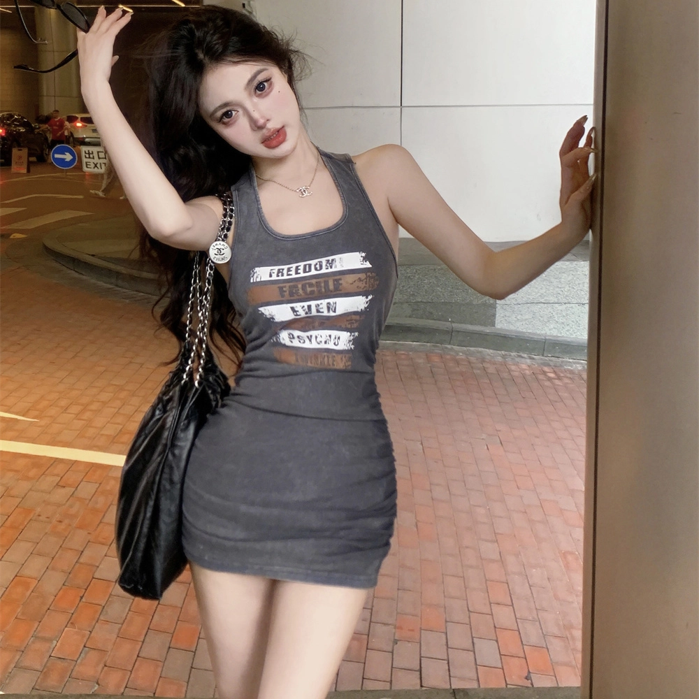 果瑱 性感辣妹美式印花别致撞色字母气质抽绳收腰显瘦休闲百搭吊带紧身包臀短裙千金风质感穿搭复古风格修身显瘦百搭无袖连衣裙 女款