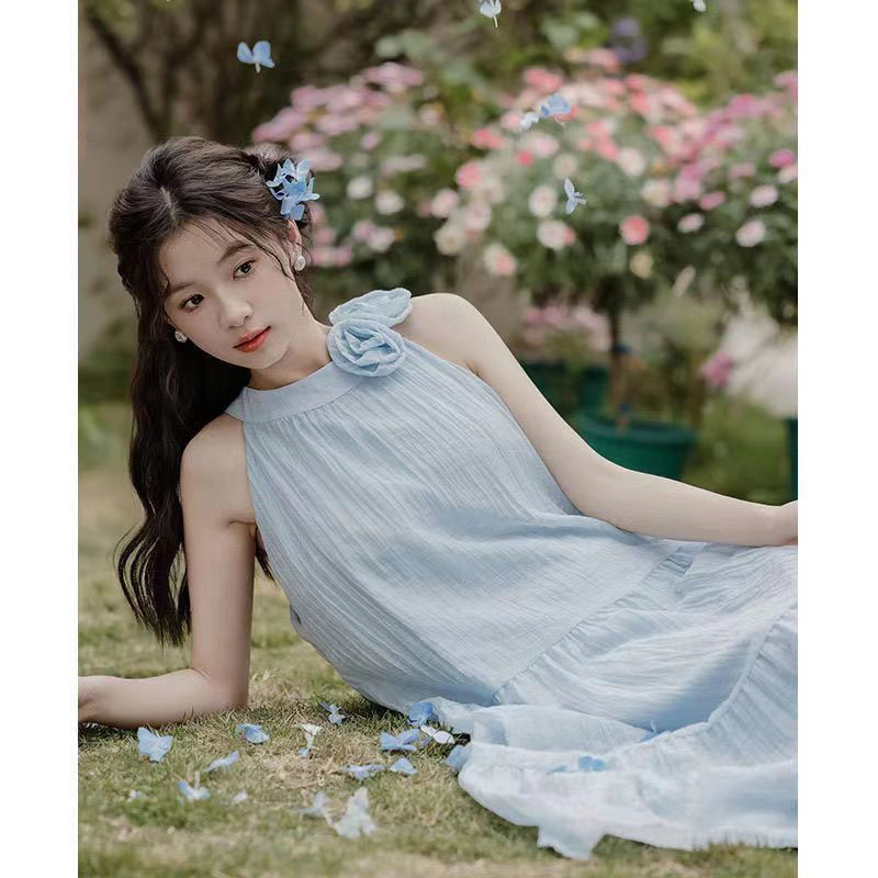 果瑱 夏装法式气质挂脖纯色高个子显瘦初恋别致长裙子海岛度假穿搭慵懒风温柔软糯舒适百搭风格无袖连衣裙 女款