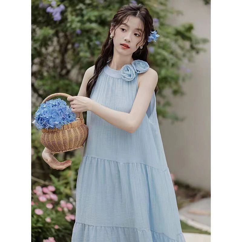 果瑱 夏装法式气质挂脖纯色高个子显瘦初恋别致长裙子海岛度假穿搭慵懒风温柔软糯舒适百搭风格无袖连衣裙 女款