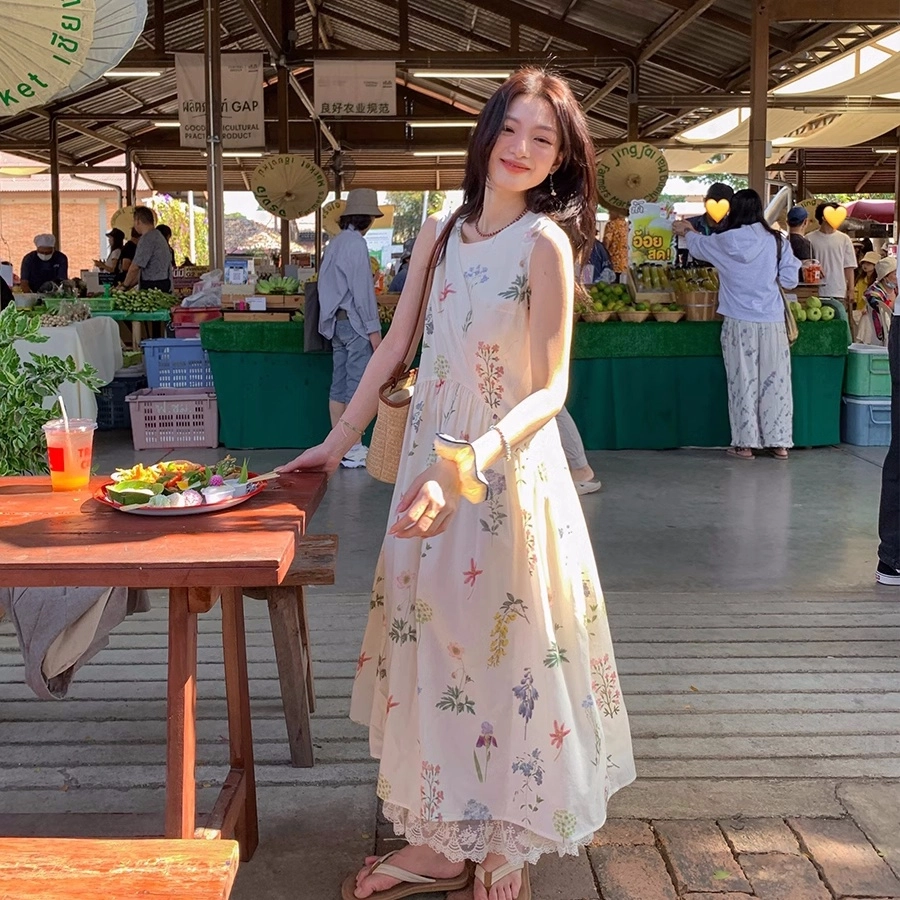 果瑱 法式茶歇圆领碎花宽松显瘦度假长裙质感极简主义日常通勤时尚舒适无袖连衣裙 女款