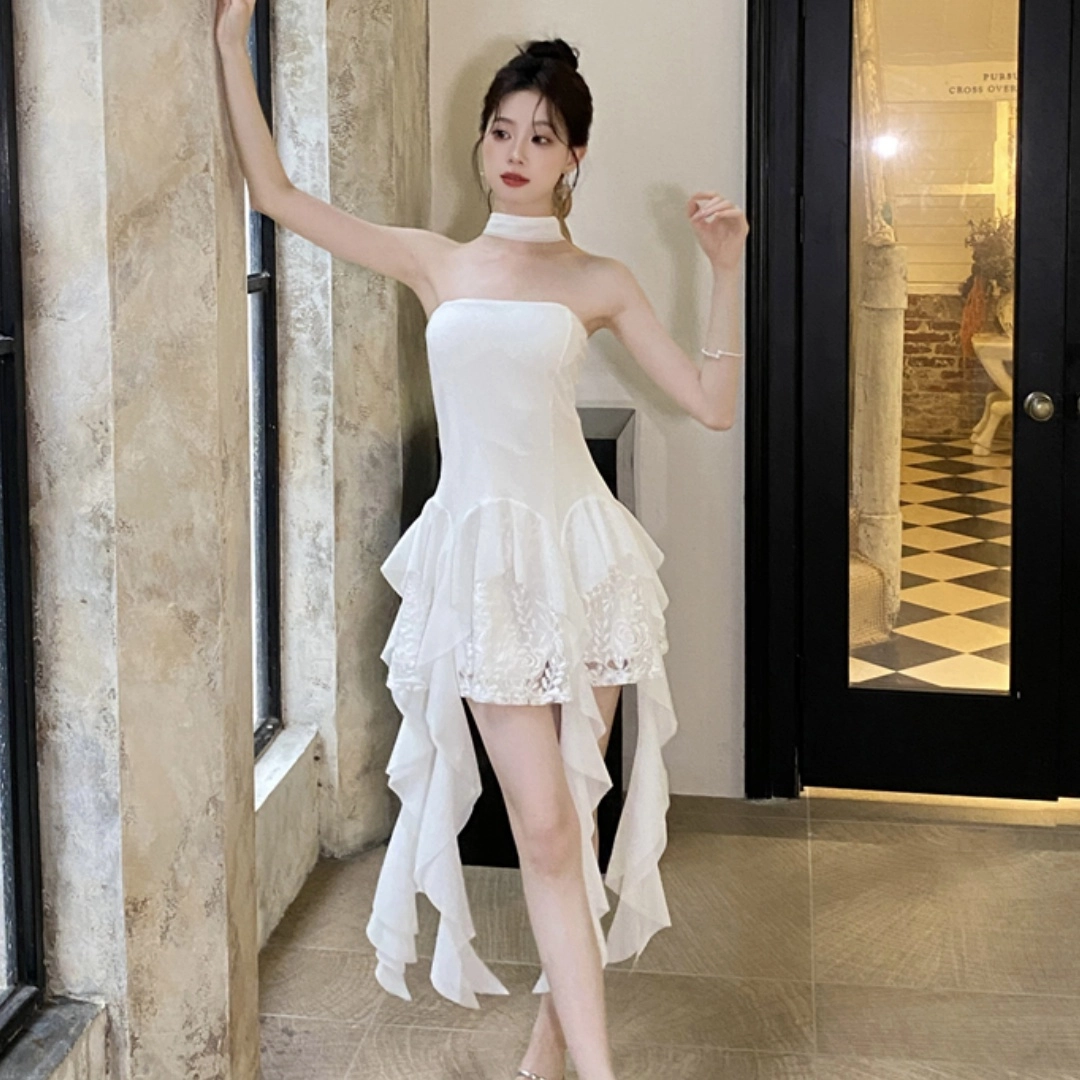 果瑱 芭蕾舞风法式复古优雅气质修身性感时尚仙气飘飘女神风不规则流苏高级设计感纯欲风百搭漂亮简约大方抹胸夏季无袖连衣裙 女款