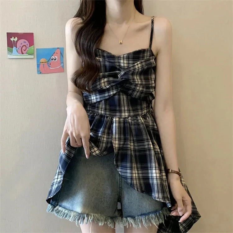 果瑱 百搭洋气不规则撞色格子可爱甜美简约日常通勤美式复古百搭时尚舒适气质优雅吊带连衣裙 女款