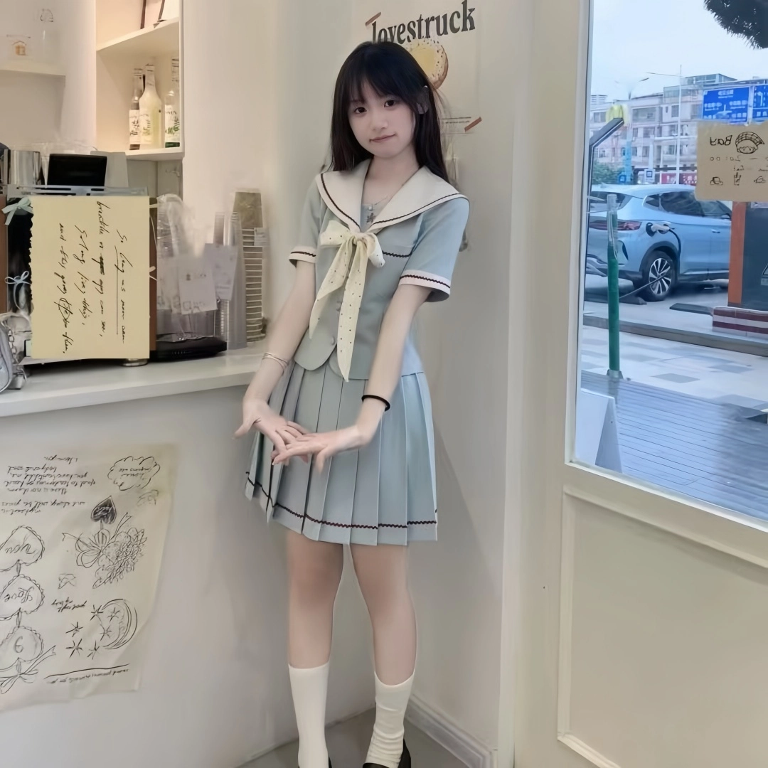果瑱 学院风小众设计感海军领上衣短袖高腰百褶裙裙装套装 女款