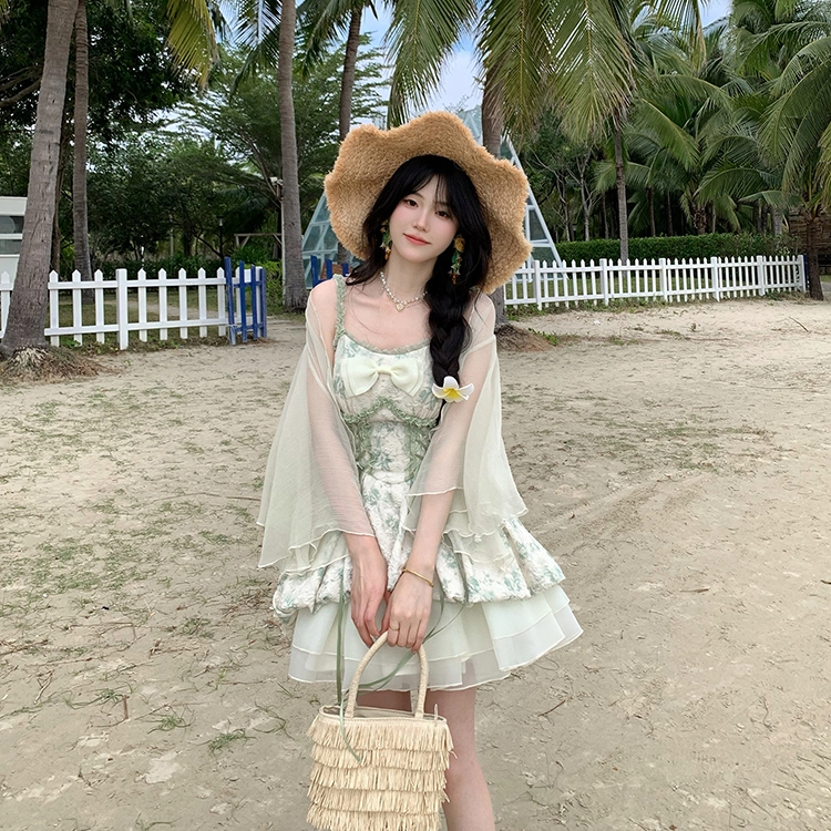 果瑱 法式甜美晕染印花收腰大蝴蝶结花苞公主吊带清新减龄独特漂亮显瘦遮肉夏季吊带碎花连衣裙短裙搭配薄开衫防晒裙装套装 女款