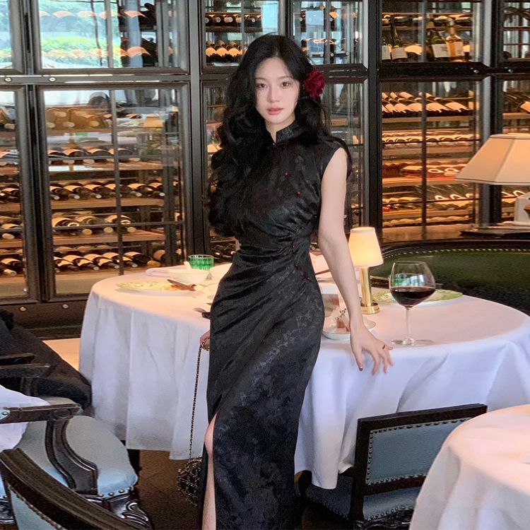 果瑱 新中式改良缎面提花开叉旗袍高级性感气质长裙子简约通勤时尚舒适迷人大方小众设计感性感辣妹穿搭无袖连衣裙 女款