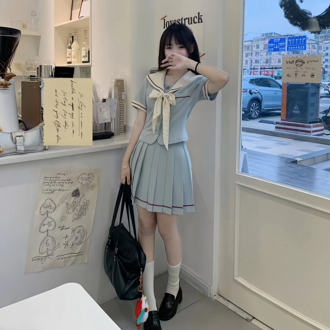 果瑱 学院风小众设计感海军领上衣短袖高腰百褶裙裙装套装 女款